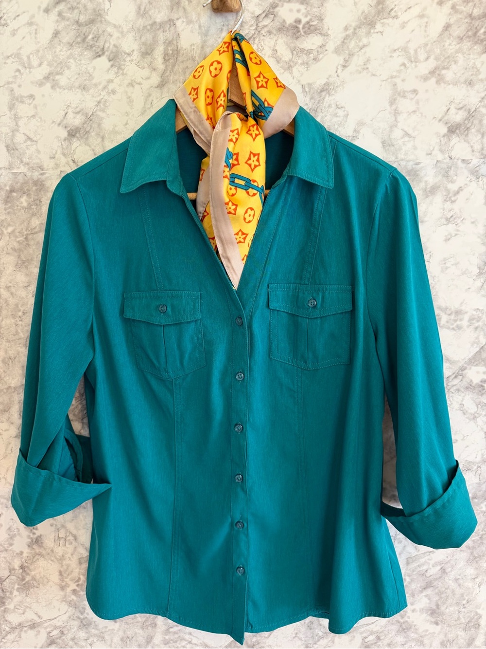 Women's Teal Button-Up Shirt - Classic Collared Top w/ faux LV scarf